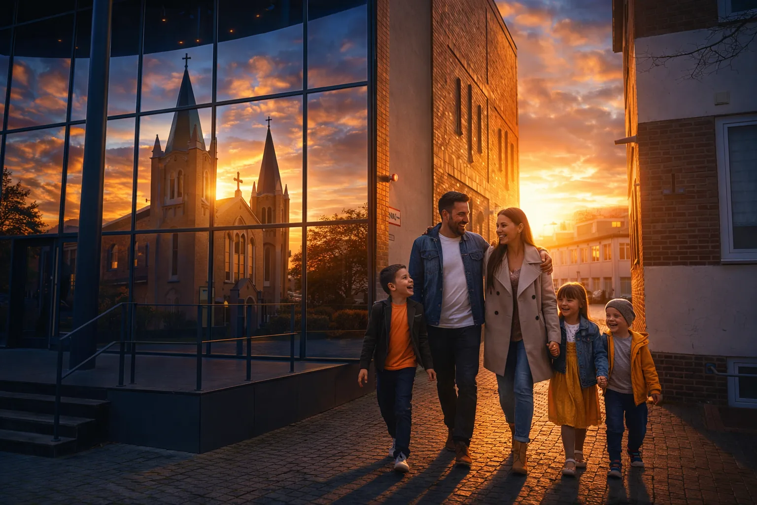 Familie auf dem Weg vor einer Kirche im Abendlicht
